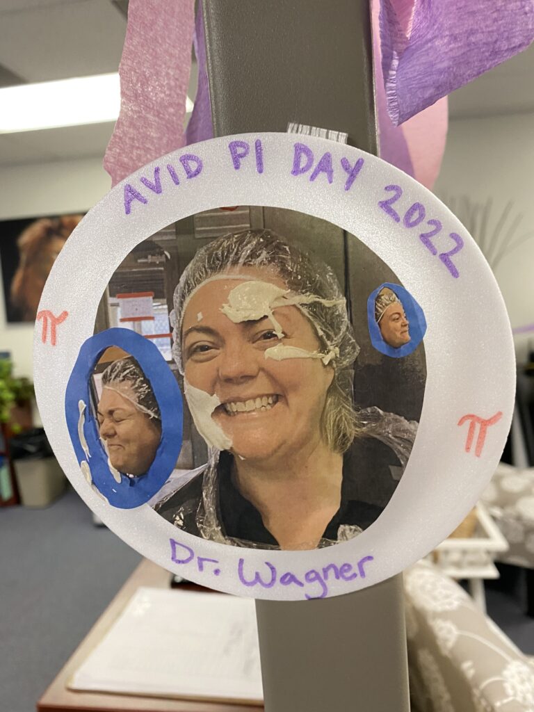 Principal Katy Wagner at her school’s celebration of Pi Day.  