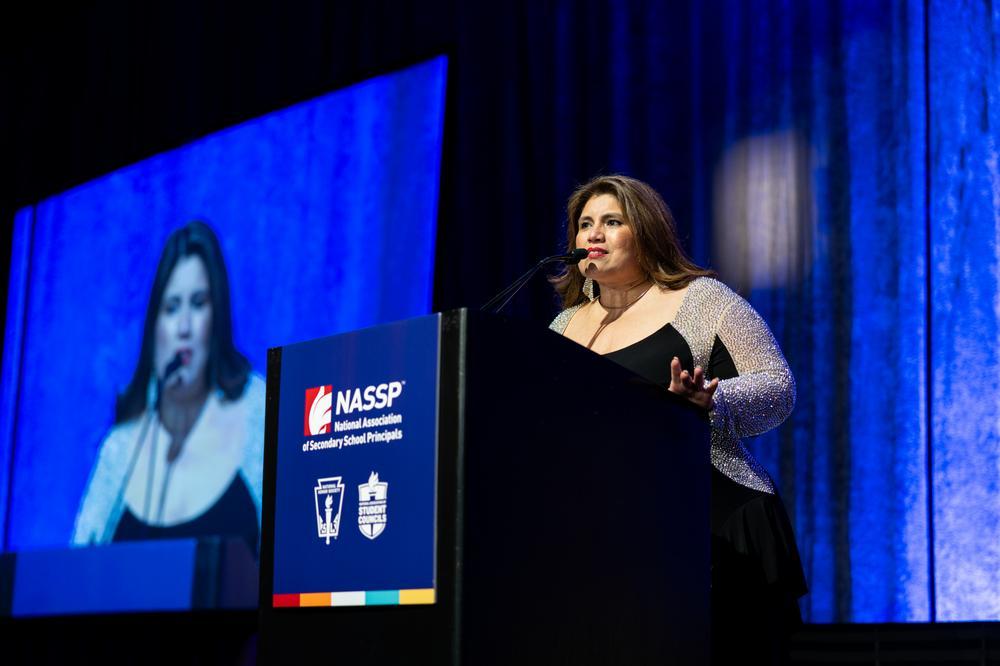 Sonia Ruiz speaks after being named the 2026 National Middle Level Principal of the Year. Photo courtesy of NASSP.